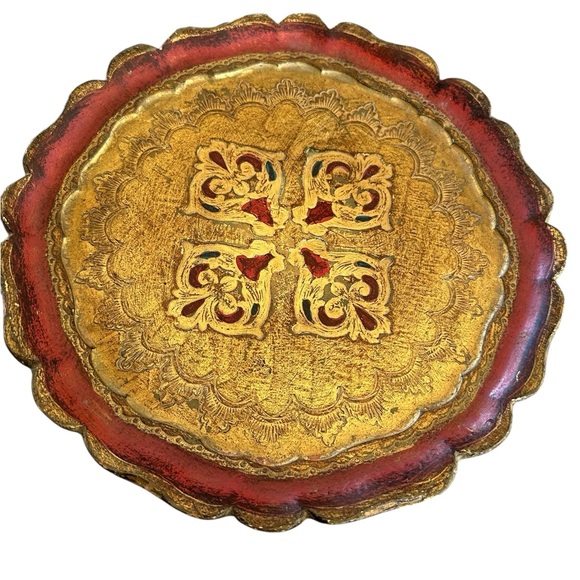 Vintage Italian Gold and Red Florentine Wooden Round Tray Hand Painted 10\